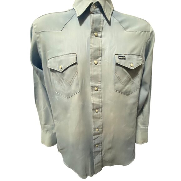 Wrangler Vintage Mens Extra Long Tails Shirt Size 15.5 Pearl Snap Blue Faded USA - Picture 7 of 16